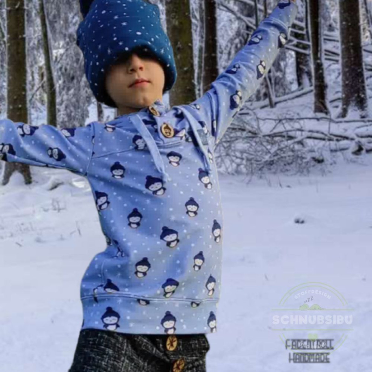 French Terry Winterpinguine blau